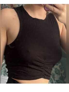 Bozzolo Black Ruched Crop Tank - Ribbed Sleeveless Top